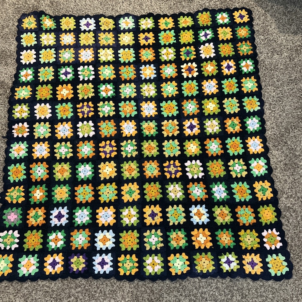Vintage  Hand‎ Crochet Granny Square Afghan Throw Blanket Multicolor 50x54"